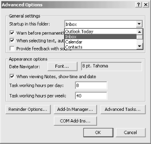 Choosing a startup folder from the Advanced Option dialog