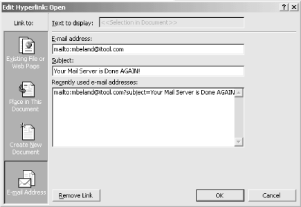 Using the Edit Hyperlink dialog to assign an email address to a menu item