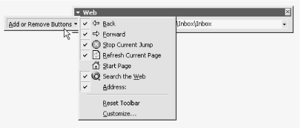 Restoring or hiding toolbar buttons; the Add or Remove Buttons submenu is accessed via the small arrow shown to the left of the toolbar title—in the example pictured, “Web”