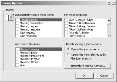 The Journal Options dialog