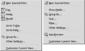 The context menu displayed for a timeline view (left) and a Table view (right)