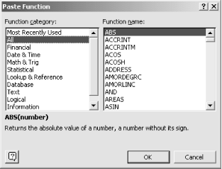The Paste Function dialog provides access to the various functions available within Excel