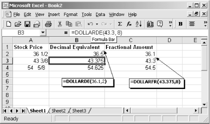 Use DOLLARDE and DOLLARFR to convert between fractional and decimal values