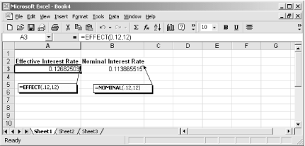 Excel provides functions for converting between the effective and nominal interest rates