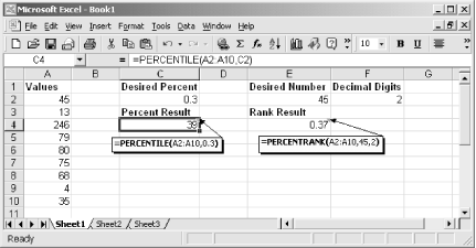 Use PERCENTILE to find that value that is larger than the specified percentage of the list and PERCENTRANK to find the ranking of a specific value