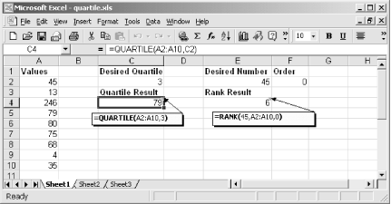Use QUARTILE to find value at a specified quartile of the list: Use RANK to determine numeric rank of the value
