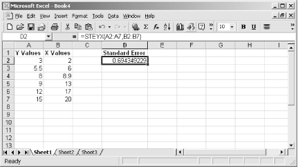Use STEYX to find the standard error for the specified data points