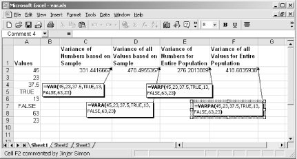 Select one of the variance functions to determine the variance value for a list of values
