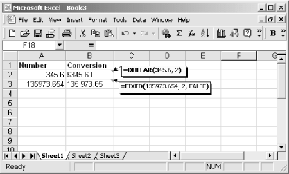 Use DOLLAR to convert numbers to currency and FIXED to round to specified decimal places