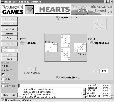 A networked game of hearts using a Java applet from http://games.yahoo.com/games/