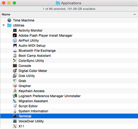 Finding the Terminal app on a Mac