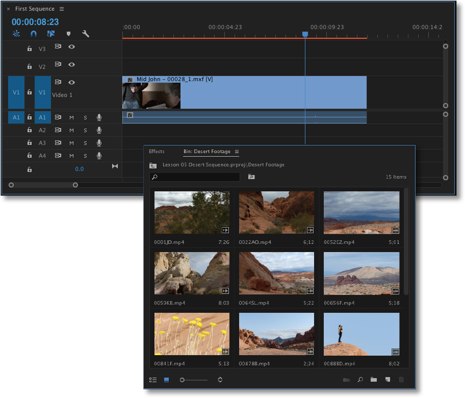 Two cascading panels: One shows the timeline and the other shows 9 clips under Bin: Desert Footage.