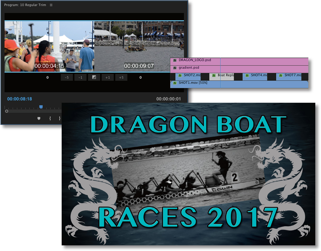 Three cascading screenshots show the Program Monitor, a portion of the timeline panel, and a full resolution video clip.