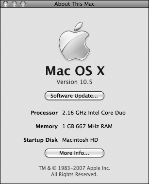 The About This Mac window for a computer with Mac OS X 10.5 installed.