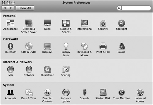 The System Preferences window, with icons for all panes displayed.