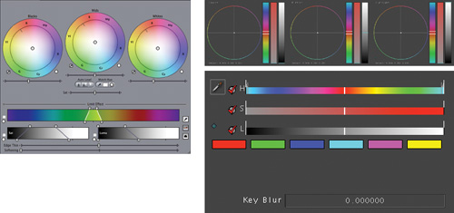 The Final Cut Pro Color Corrector 3-way filter (left) compared to the 3-way color control and contrast sliders in the Primary In room (right above), and the HSL qualifier controls found in the Secondaries room (right below).