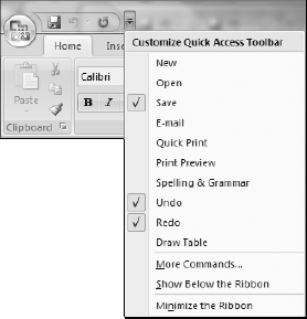 The default QAT appears above the ribbon, and contains just three tools.