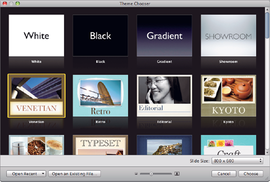 In the Theme Chooser, click the theme you want to use for your presentation and choose the size for its slides.