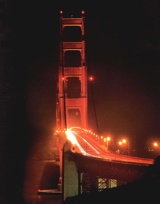 Page 6:1 stopped the lens down to as small an aperture as possible in this night shot of the Golden Gate Bridge so that the length of the exposure would exaggerate the light trails from car head lights.: 90mm, 5 minutes at f/22 and ISO 100, tripod mounted