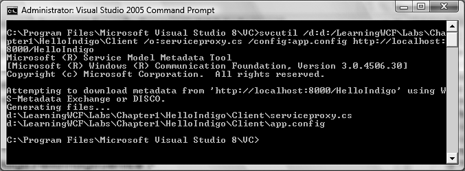 Output generated when SvcUtil generates a service proxy and configuration settings for the client