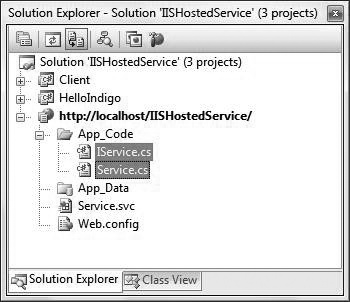 Solution Explorer view of a new web site based on the WCF Service template