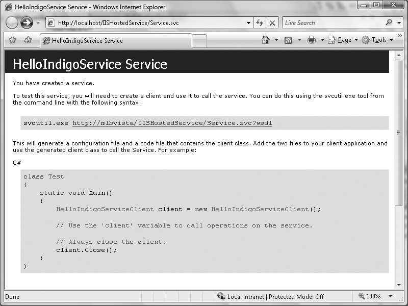 Browsing to the service help page with metadata browsing enabled