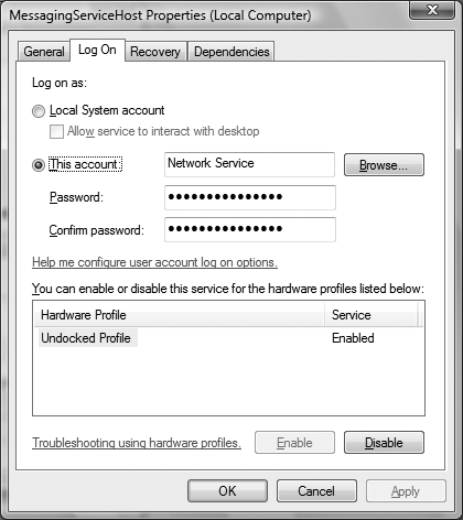 Identity configuration for a Windows service