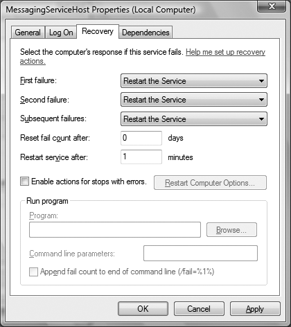 Recovery configuration for a Windows service