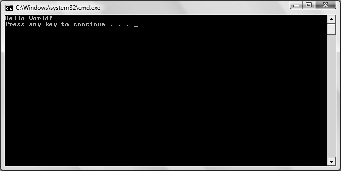 These are the results you’ll see in the command window after you’ve compiled and run Hello World.