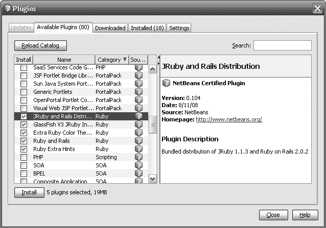 Installing the NetBeans Ruby plugin with the Plugins dialog