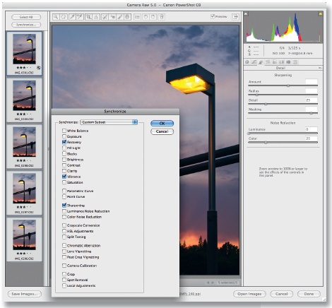 Batch processing in ACR. I've edited the top thumbnail, and I'm about to apply those edits to the other images.