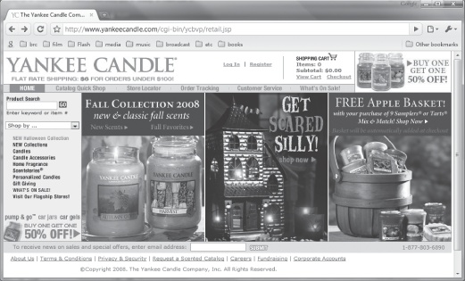 The Yankee Candle Company’s Web site is just one example of the movement, interactivity, and polish that Flash can add to a site. From the home page, clicking Custom Candle Favors → Custom Votives displays this Web-based Flash program.