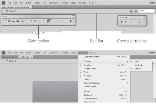Top: To conserve space on Flash’s jam-packed desktop, only one toolbar—the Edit Bar—appears automatically. It’s positioned directly above the stage. To display the other two, select Window → Toolbars → Main (to display the Main toolbar, Windows only) and Window → Toolbars → Controller (to display the Controller window).Bottom: The checkmarks on the menu show when a toolbar is turned on. Choose the toolbar’s name again to remove the checkmark and hide the toolbar.