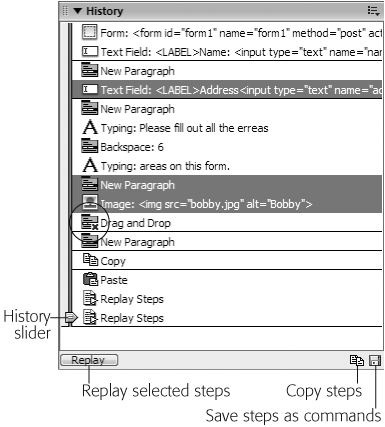 The History panel lists every little step you’ve taken while working on the current document—even typos. You can replay one or more actions on the list, copy them for use in another document, or save them as a command in the Commands menu. If Dreamweaver can’t replay an action, such as a mouse click, it appears with a red X next to it (circled). Furthermore, you can’t replay two consecutive steps if you clicked or dragged in the document in between them (you’ll see a solid line in the History list separating such steps). Dreamweaver merely replays the first selected step. The History slider indicates where you are in the document’s history.
