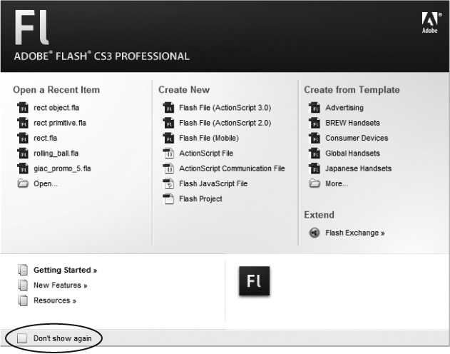 This welcome screen appears the first time you launch Flash—and every subsequent time too, unless you turn on the “Don’t show again” checkbox (circled). If you ever miss the convenience of seeing all your recent Flash documents, built-in templates, and other options in one place, you can turn it back on by choosing Edit →Preferences (Windows) or Flash → Preferences (Mac). On the General panel, choose Welcome Screen from the On Launch pop-up menu.