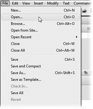 Several of the options on each menu include keystroke shortcuts that let you perform an action without having to mouse all the way up to the menu and click it. For example, instead of selecting File → Save As, you can press Ctrl+Shift+S to tell Flash to save the file you have open. On the Mac, the keystroke is Shift-⌘-S.
