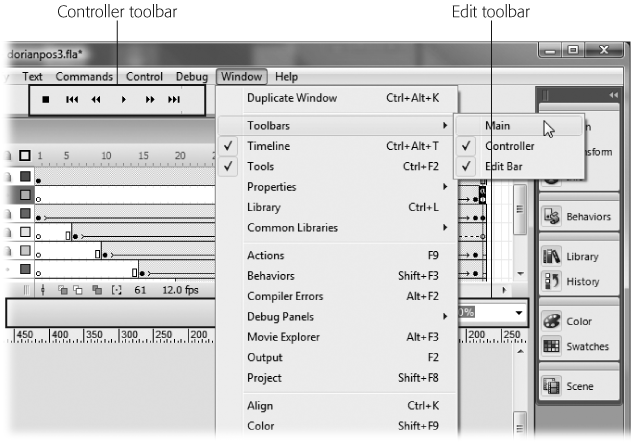 To conserve space on Flash’s jam-packed interface, only one toolbar—the Edit Bar toolbar—appears automatically. It’s positioned directly above the stage. To display the other two, select Window → Toolbars → Main (to display the Main toolbar) and Window →Toolbars → Controller (to display the Controller window). The checkmarks on the menu show when a toolbar is turned on. Choose the toolbar’s name again to remove the checkmark and hide the toolbar.