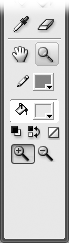On the Tools panel, when you click each tool, the Options section shows you buttons that let you modify that particular tool. In the Tools panel’s View section, for example, when you click the Zoom tool, the Options section changes to show you only zooming options: Enlarge (with the plus sign) and Reduce (with the minus sign).