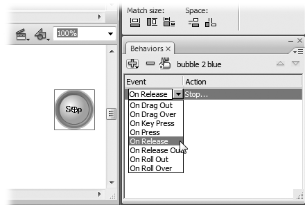 The easiest way to add a behavior is to select a frame or object (such as the Stop button shown here) and then select Window → Behaviors. In the Behaviors panel, click the big + button to add a behavior to the selected object. For example, this Stop button can stop a video from playing. Point to Embedded Video on the drop-down menu, and then choose Stop from the next menu. To finish up, choose the event that triggers the behavior, such as “On Release” (in other words, the end of the mouse-click).