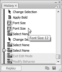 When you move your mouse over one of the changes, Flash pops up a helpful detailed description of the change. To revert to an earlier version of your file, drag the slider until it’s next to the last change you want to appear. To replay one or more changes, select the changes you want to replay and press Replay. If you do want to revert to an earlier version of your file, don’t put it off: every time you close the file, Flash erases the file’s history.
