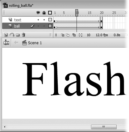 You select a frame (specify a playhead position) the same way you select everything else in Flash: by clicking. In this example, the currently selected frame (playhead position) is the tenth frame. You can watch the playhead move from frame to frame by selecting Control → Play. Dragging the playhead back and forth (called scrubbing) is an even quicker way to test portions of your animation–and a fun way, too: dragging the playhead from right to left displays your frames in reverse order.