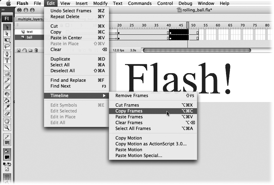 To select multiple frames, click the first frame of the series you want to select; then Shift-click the last frame. Flash automatically selects all the frames in between. If you know you’re going to be copying and pasting frames in the same document, you can speed up the process by pressing the Alt key (Windows) or the Option key (Mac) while you drag a copy of the selected frames from their original location to where you like on the Timeline.