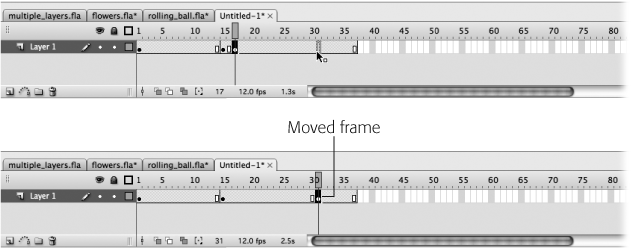 Top: Click the frame you want to move and then let go of your mouse. Drag the frame you just selected. If Flash displays a gray selection-sized box above your cursor, you’re gold: Drag to the point in the Timeline where you want to insert the moved frame (here, Frame 30) and then drop it. (If you don’t see a gray box, you need to start the process over.)Bottom: Here, you can tell the move succeeded because the keyframe and end frame indicators have disappeared from their original locations (Frames 16 and 17) and reappeared in their new locations (Frames 29 and 30).