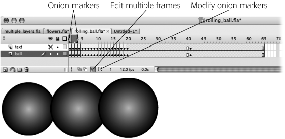 When you click Edit Multiple Frames, Flash shows the content of a bunch of frames on a single Stage. Unfortunately, Flash might miss a frame or two. To tell Flash to show the content of all your frames, click the Modify Onion Markers icon and then, from the pop-up menu that appears, select Onion All. (You can also drag the onion markers separately to enclose a different subset of frames.)