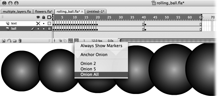 Here you see the result of selecting Onion All. The onion markers surround the entire frame span (Frame 1 through Frame 4) and all four images appear on the same Stage, ready for you to edit en masse.