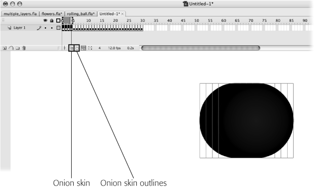 If you need to differentiate between the content in the selected frame and the content in the other frames, click Edit Multiple Frames and then click Onion Skin Outlines. All the non-selected frames appear in outline form, as shown here. (Clicking Onion Skin shows the content of non-selected frames in semi-transparent form). With onion skinning turned on, you can see multiple frames, but you can edit only the content of the selected frame. Click Edit Multiple Frames to return to multiple-frame editing mode.