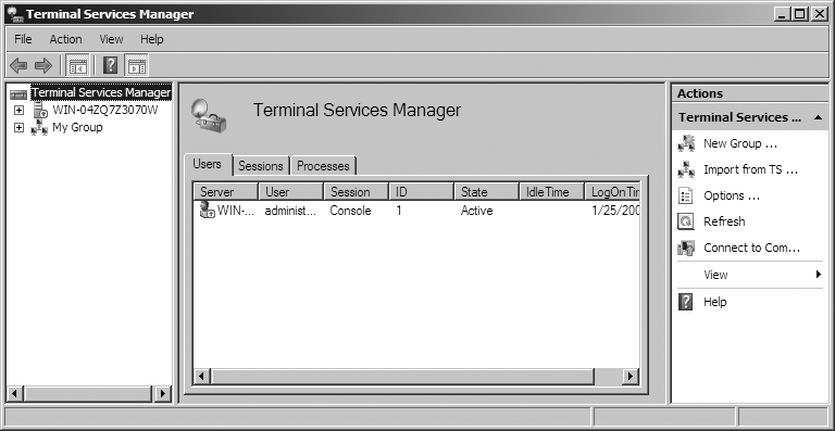 The default Terminal Services Manager window
