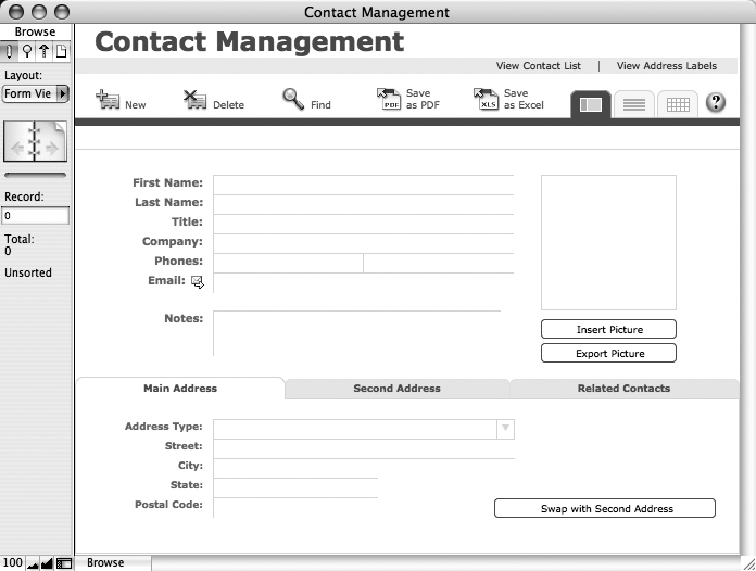 The Contact Management template is an ideal way to create a simple database that contains information about people, like their names, email addresses, and phone numbers. It can hold up to two addresses for each person, and you can even store a picture with each contact—a handy feature if you have trouble putting a face to a name.