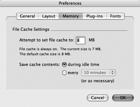 Specify the size of FileMaker’s cache and how often your work is moved from the cache to your hard drive. (Nerds call that flushing the cache.) A larger cache yields better performance but leaves more data in RAM. If you’re working on a laptop, you can conserve battery power by saving cache contents less frequently. Just remember, in case of a power outage or other catastrophe, the work that’s in cache is more likely to be lost than what FileMaker has saved to your hard drive.
