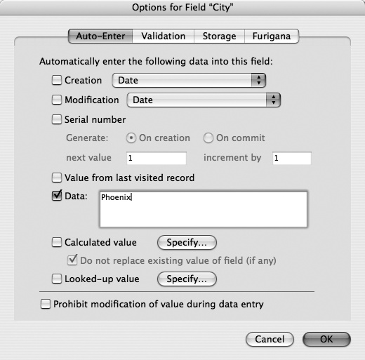 FileMaker has several options for automatically entering information into a field. Most happen just once—when the record is created. The Modification, “Calculated value,” and “Looked-up value” options, however, can automatically enter information in fields at other times as well.